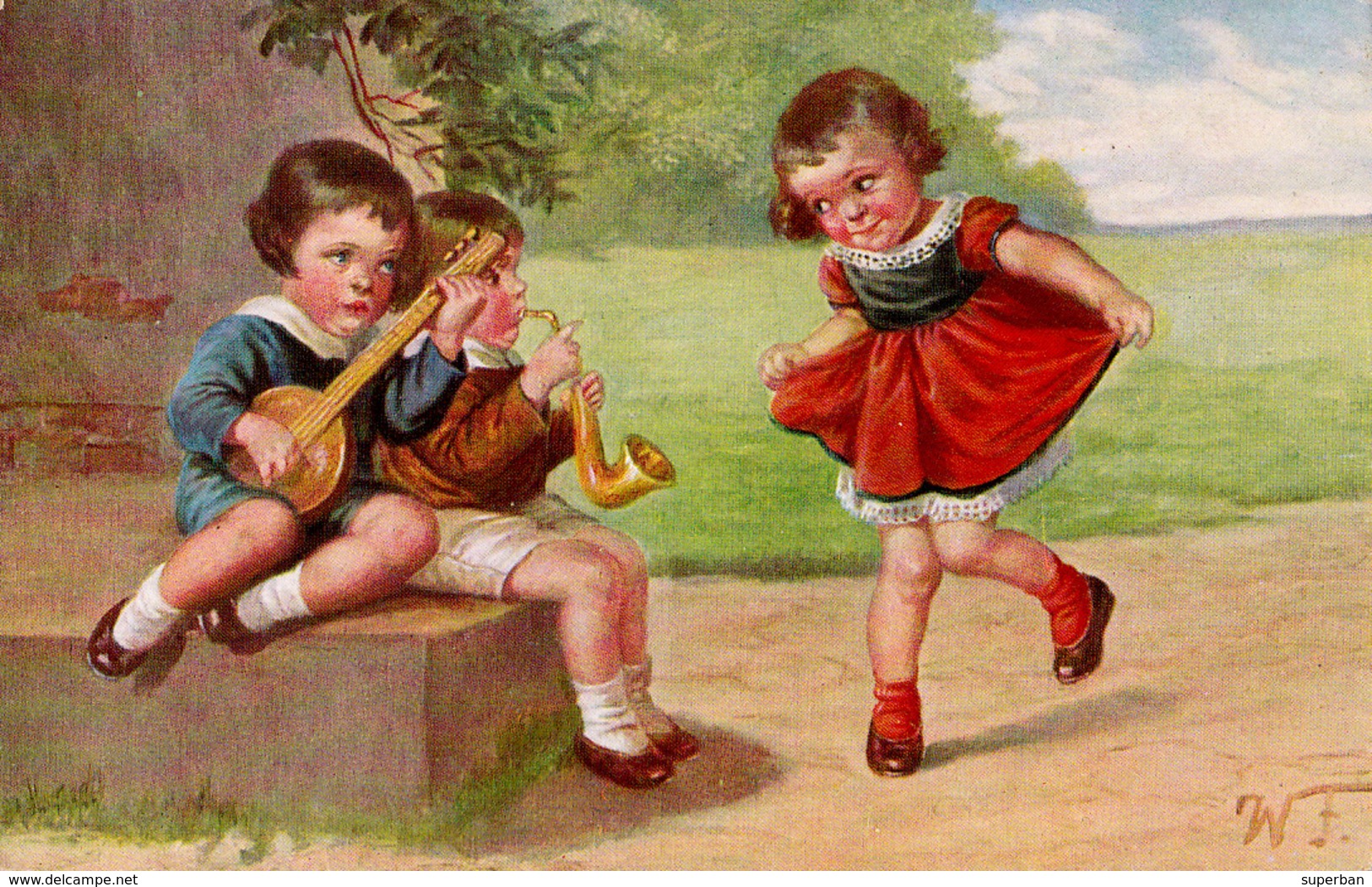 ENFANTS : GARÇON MUSICIEN Et FILLETTE DANSANT / DANCING GIRL - ILLUSTRATION SIGNÉE: W. F. -> W. FIALKOWSKA (ac227) - Fialkowska, Wally