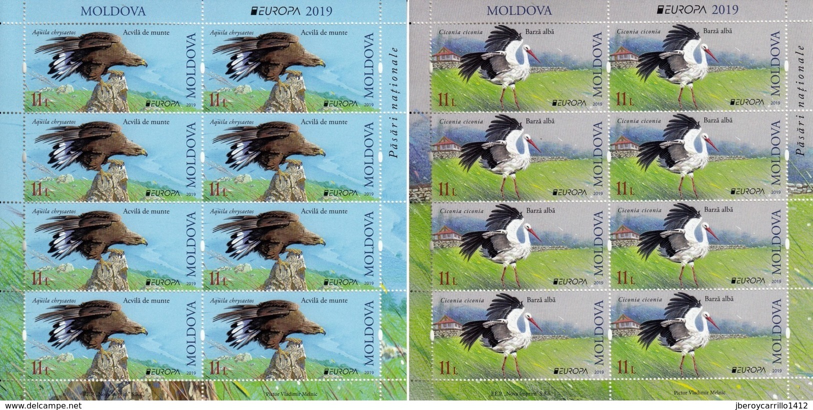 MOLDAVIA /MOLDOVA /MOLDAWIEN -EUROPA 2019 -NATIONAL BIRDS.-"AVES - BIRDS - VÖGEL -OISEAUX"- 2 HOJAS BLOQUE De 8 TIMBRES - 2019