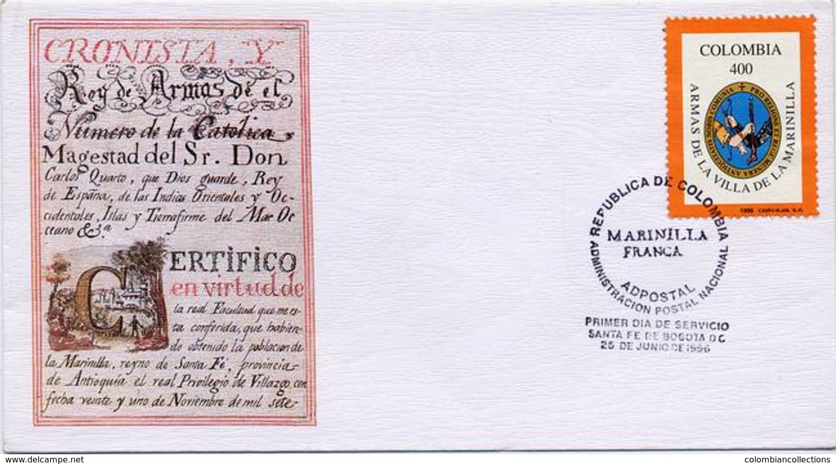 Lote 2027F, Colombia, 1996, SPD-FDC, Escudo De Marinilla, Coat Of Arms - Colombie