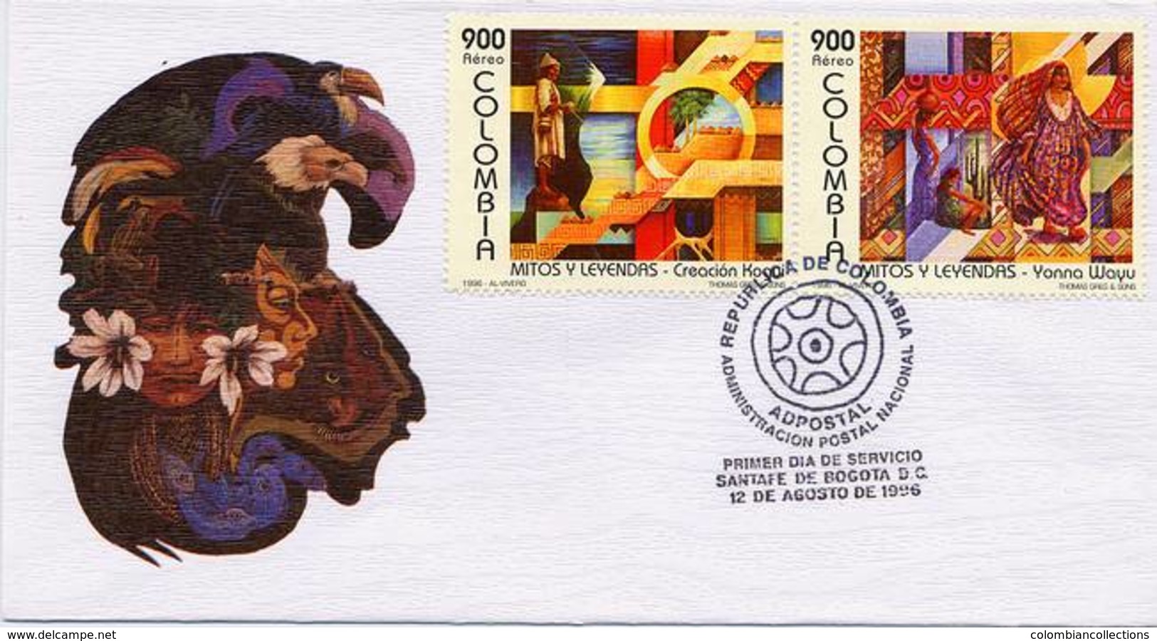 Lote 2032-3F, Colombia, 1996, SPD-FDC, Mitos Y Leyendas, Myths And Legends, Bird, Woman - Colombia