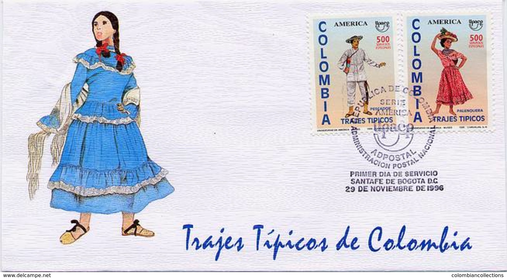 Lote 2047-8F, Colombia, 1996, SPD-FDC, Upaep, Woman, Traditional Costumes - Colombia