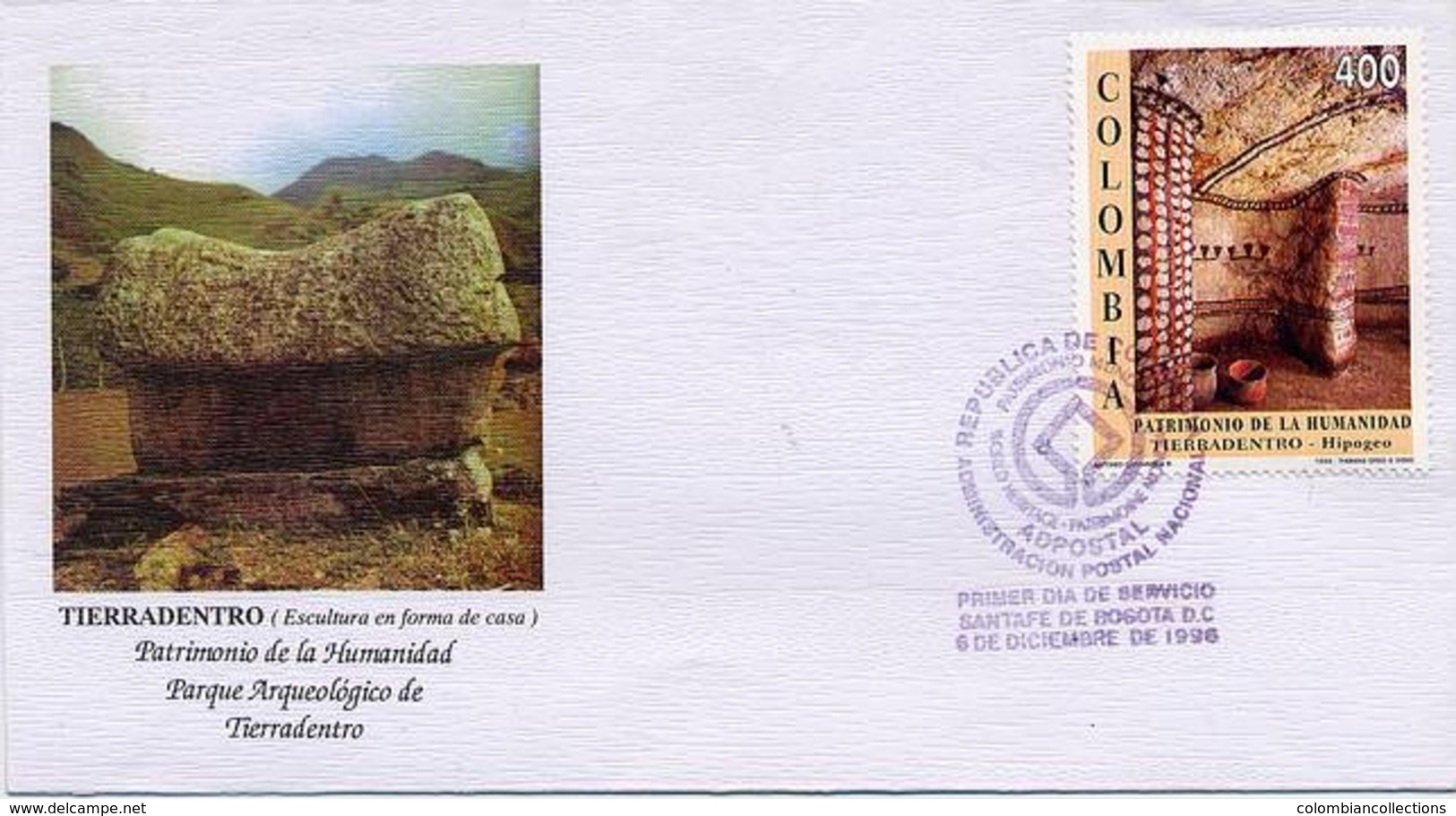 Lote 2052F, Colombia, 1996, SPD-FDC, Patrimonio De La Humanidad, Tierra Adentro, Hipogeo, World Heritage - Colombia