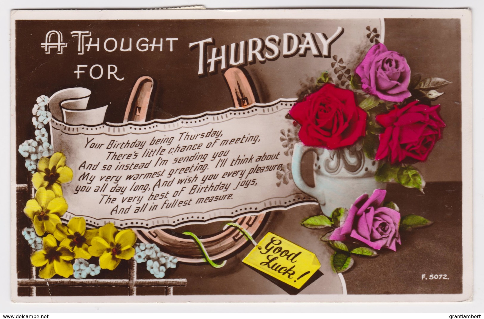 A Thought For Thursday Birthday Vintage Floral PC Posted Jersey With Message, Stamps - Birthday