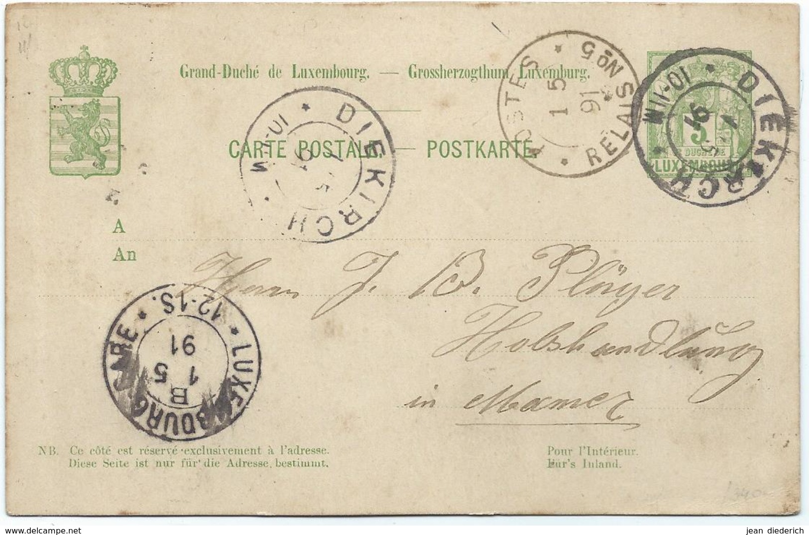 Nr. 47 - Postes Relais No. 5 (Mamer) Stempel 01-05-1891 Nach Mamer - Machines à Affranchir (EMA)