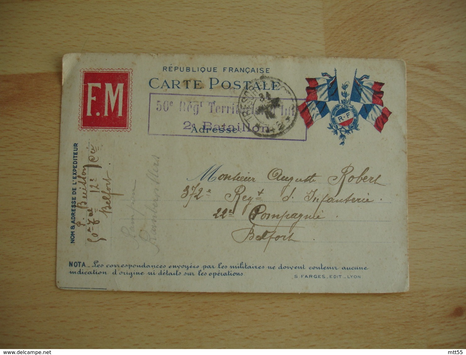 Carte Franchise Postale F M Rouge 4 Drapeaux Francais Rf Coin Droit 50 Eme Regiment Infanterie  Guerre 14.18 - Guerre De 1914-18