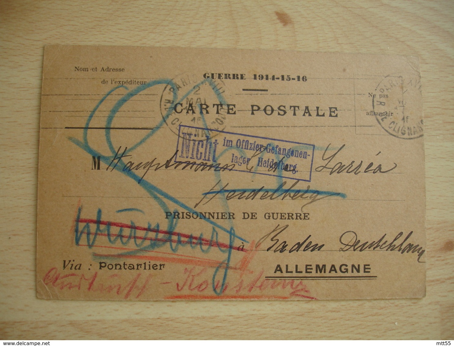 Cachet Nicht Im Offizier Gefanenen Lager Heidenberg Lettre Pour Prisonnier Via Pontarlier Guerre 14.18 - Guerre De 1914-18