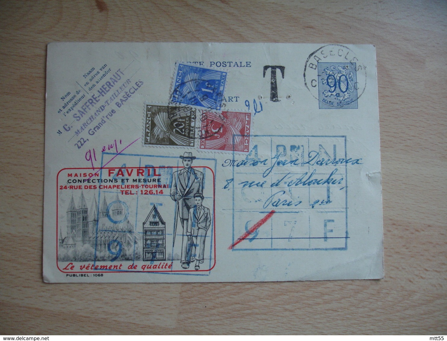 Lettre Taxee 3 Timbres Gerbe Gerbes 20 F 3 F Et 1 F Sur Entier Postal Belgique Publicite Maison Favril Vetement - 1859-1959 Lettres & Documents