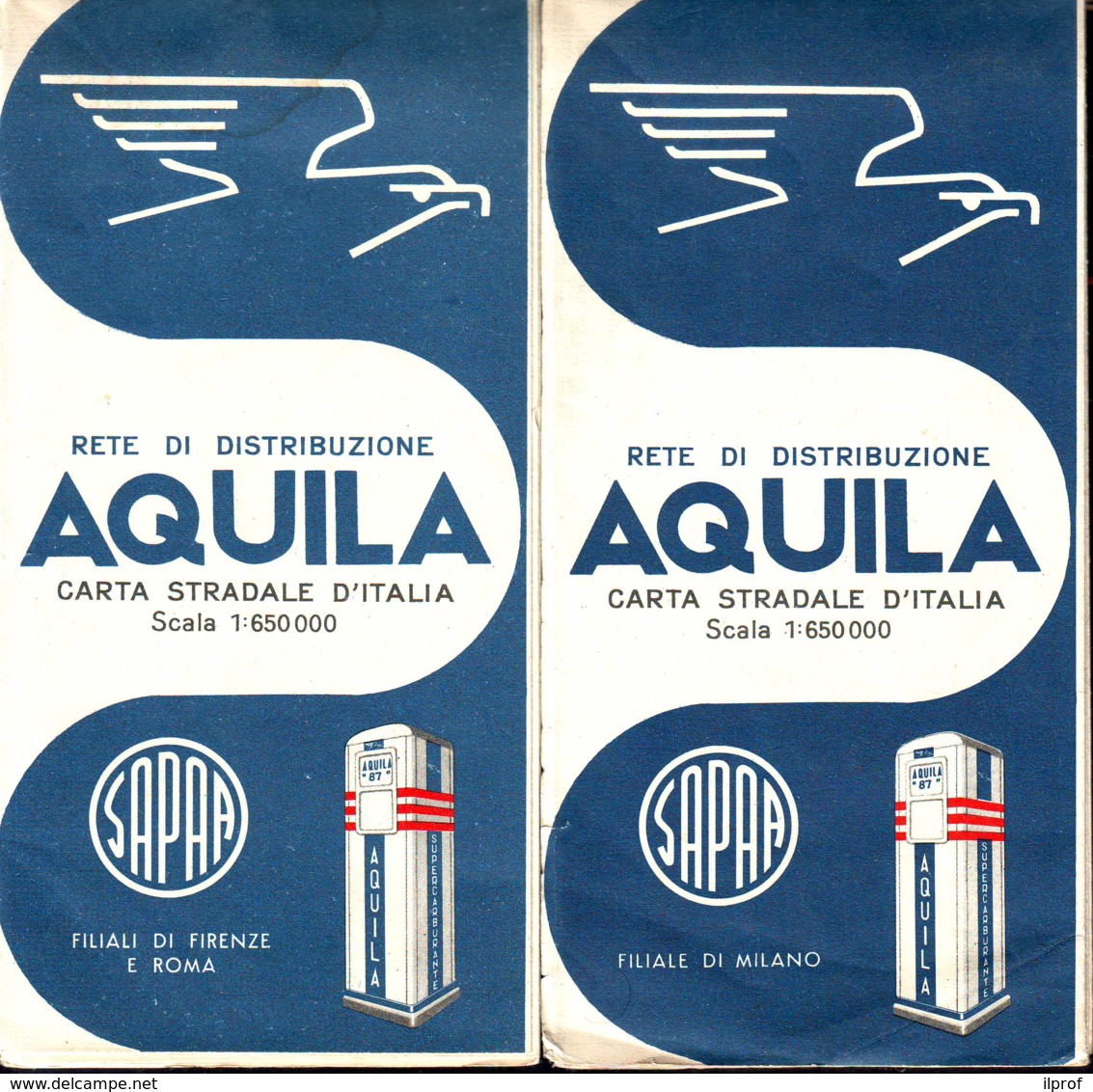 2 Benzina Aquila, Rete Di Distribuzione, Filiali Di Milano-Firenze-Roma 2 Cartine Con Mappe Anni '50 - Carte Stradali