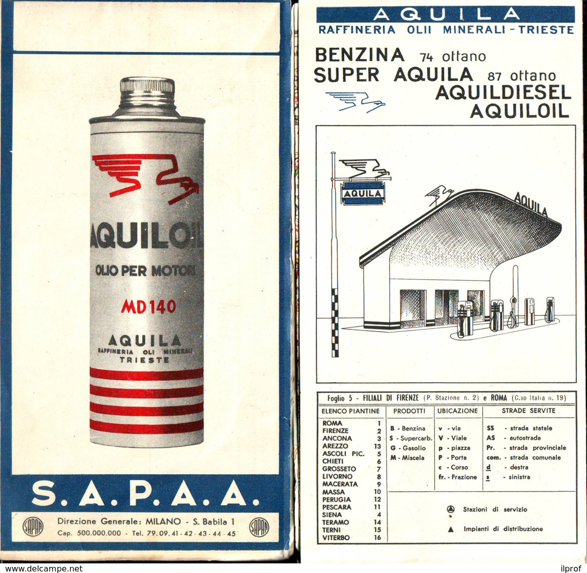 2 Benzina Aquila, Rete Di Distribuzione, Filiali Di Milano-Firenze-Roma 2 Cartine Con Mappe Anni '50 - Carte Stradali