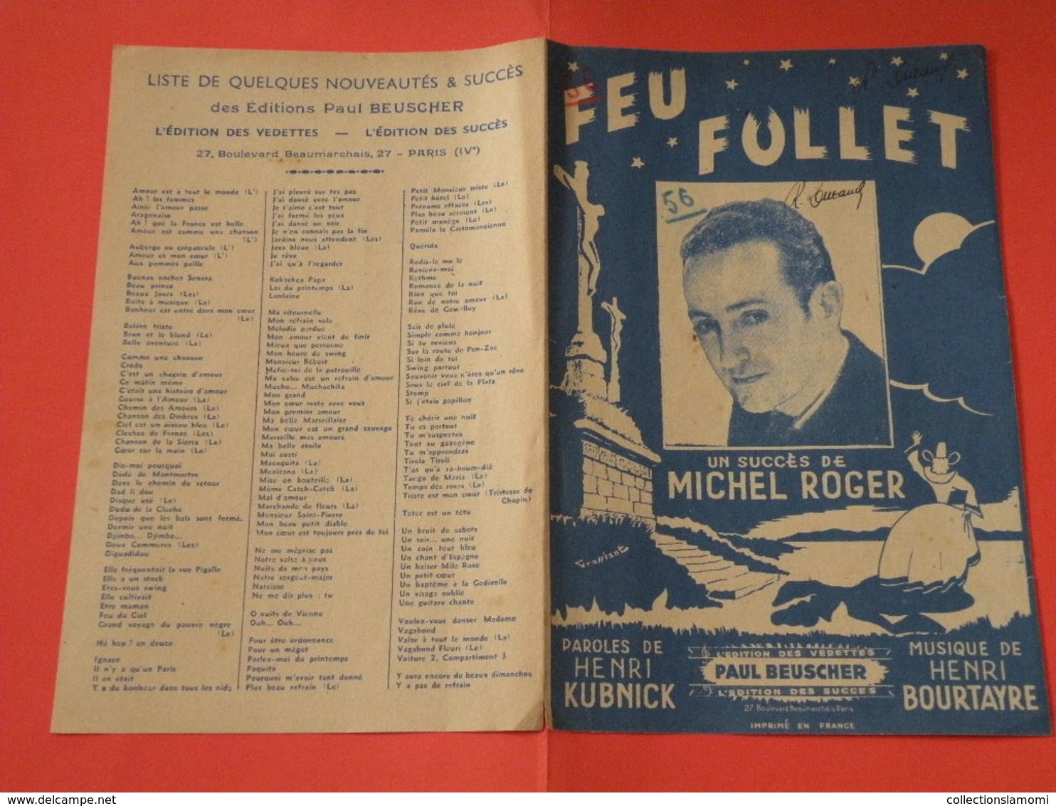 Feu Follet (Michel Roger) -(Paroles Henri Kubnick) (Musique Henri Bourtayre) (Partition)1945 - Chansonniers