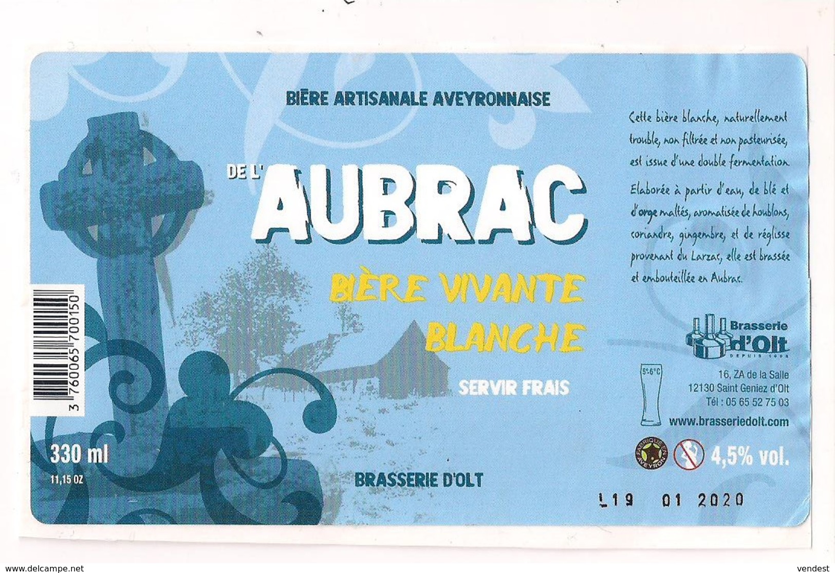 Etiquette Décollée Bière Artisanale De L'Aubrac - Blanche - Brasserie D'Olt à St Geniez D'Olt - - Bière