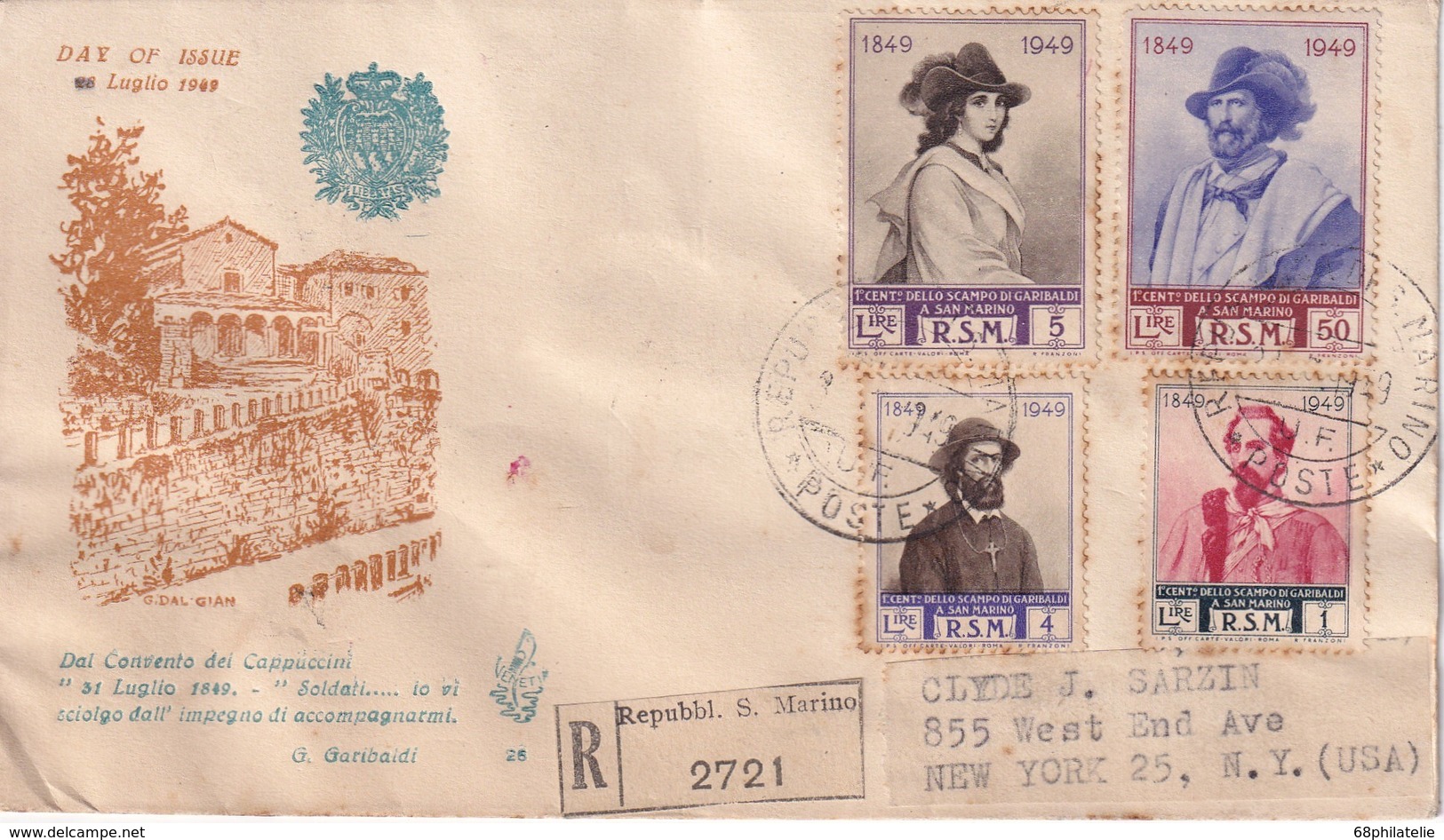 SAN MARINO 1949 FDC RECOMMANDEE AVEC CACHET ARRIVEE NEW YORK - FDC