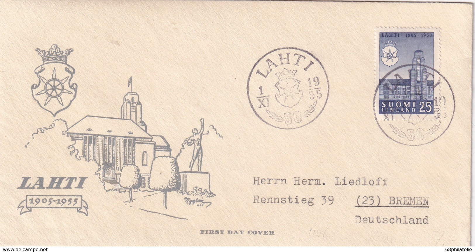 FINLANDE 1955 FDC DE LAHTI POUR BREMEN - FDC