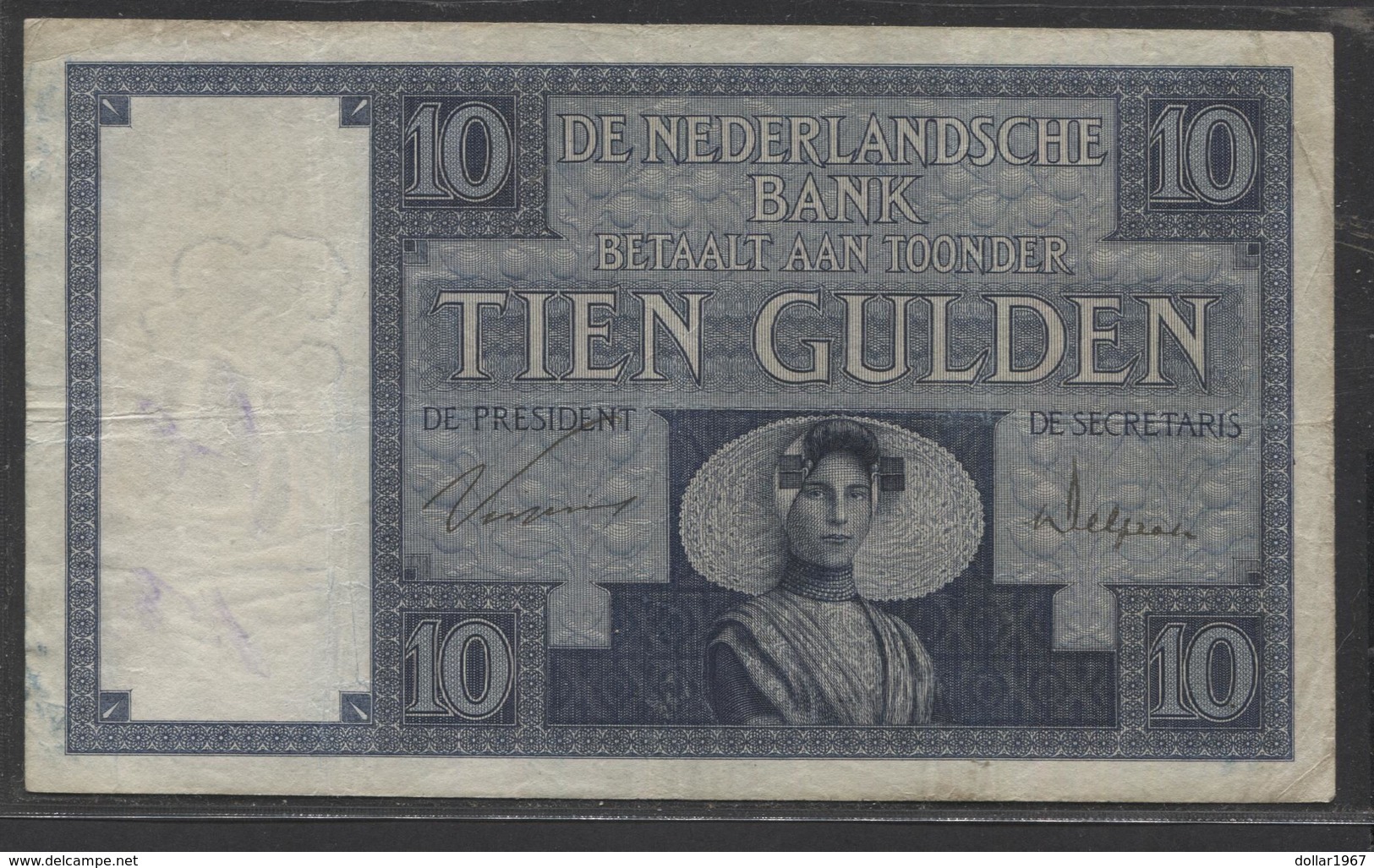 Netherlands  10 Gulden 1-3-1924 - 6-5-1932 - NR JV 007441 - 28 1c - See The 2 Scans For Condition.(Originalscan ) - 10 Florín Holandés (gulden)