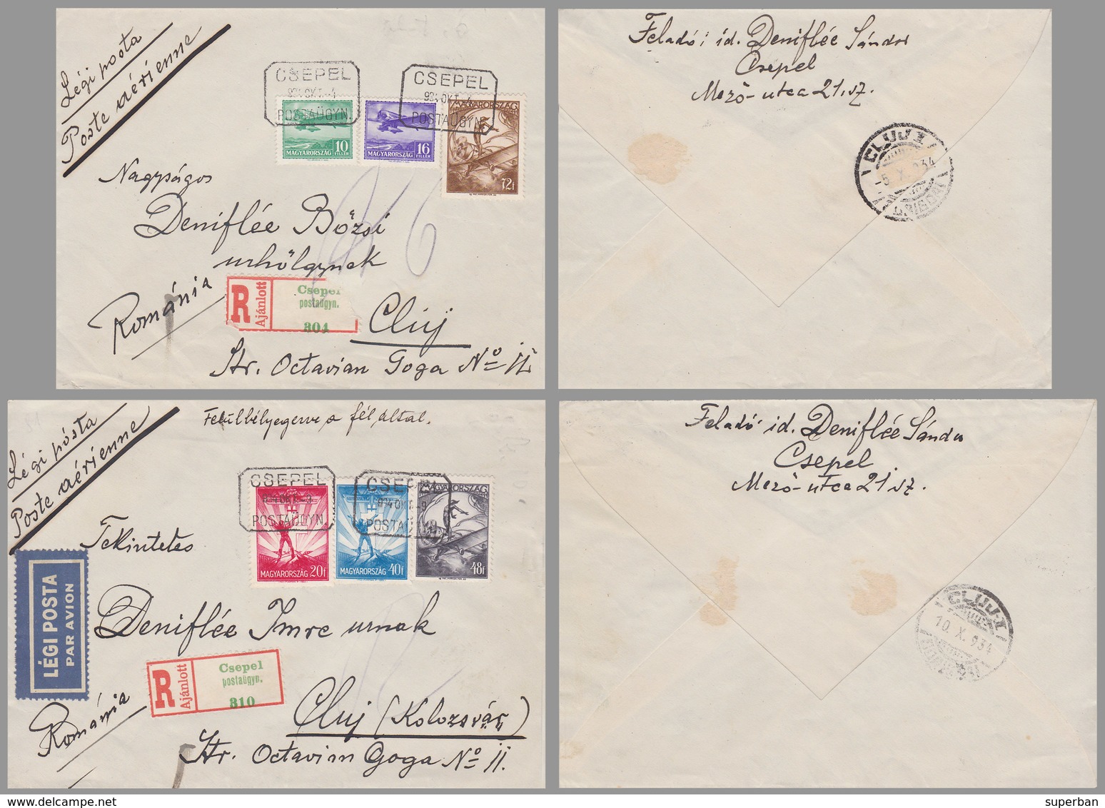 2 ENVELOPPES / 2 LETTERS / COVERS - MAILED In 1934 : CSEPEL / HUNGARY To CLUJ / ROMANIA - LÉGI POSTA / PAR AVION (ac237) - Lettres & Documents