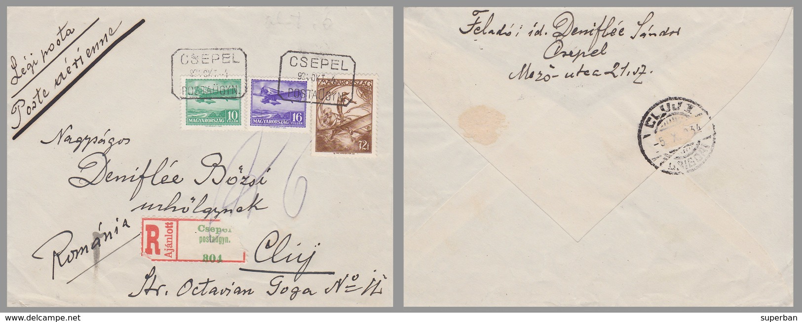 2 ENVELOPPES / 2 LETTERS / COVERS - MAILED In 1934 : CSEPEL / HUNGARY To CLUJ / ROMANIA - LÉGI POSTA / PAR AVION (ac237) - Covers & Documents