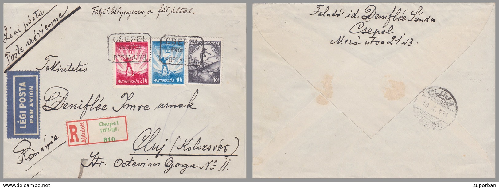 2 ENVELOPPES / 2 LETTERS / COVERS - MAILED In 1934 : CSEPEL / HUNGARY To CLUJ / ROMANIA - LÉGI POSTA / PAR AVION (ac237) - Lettres & Documents