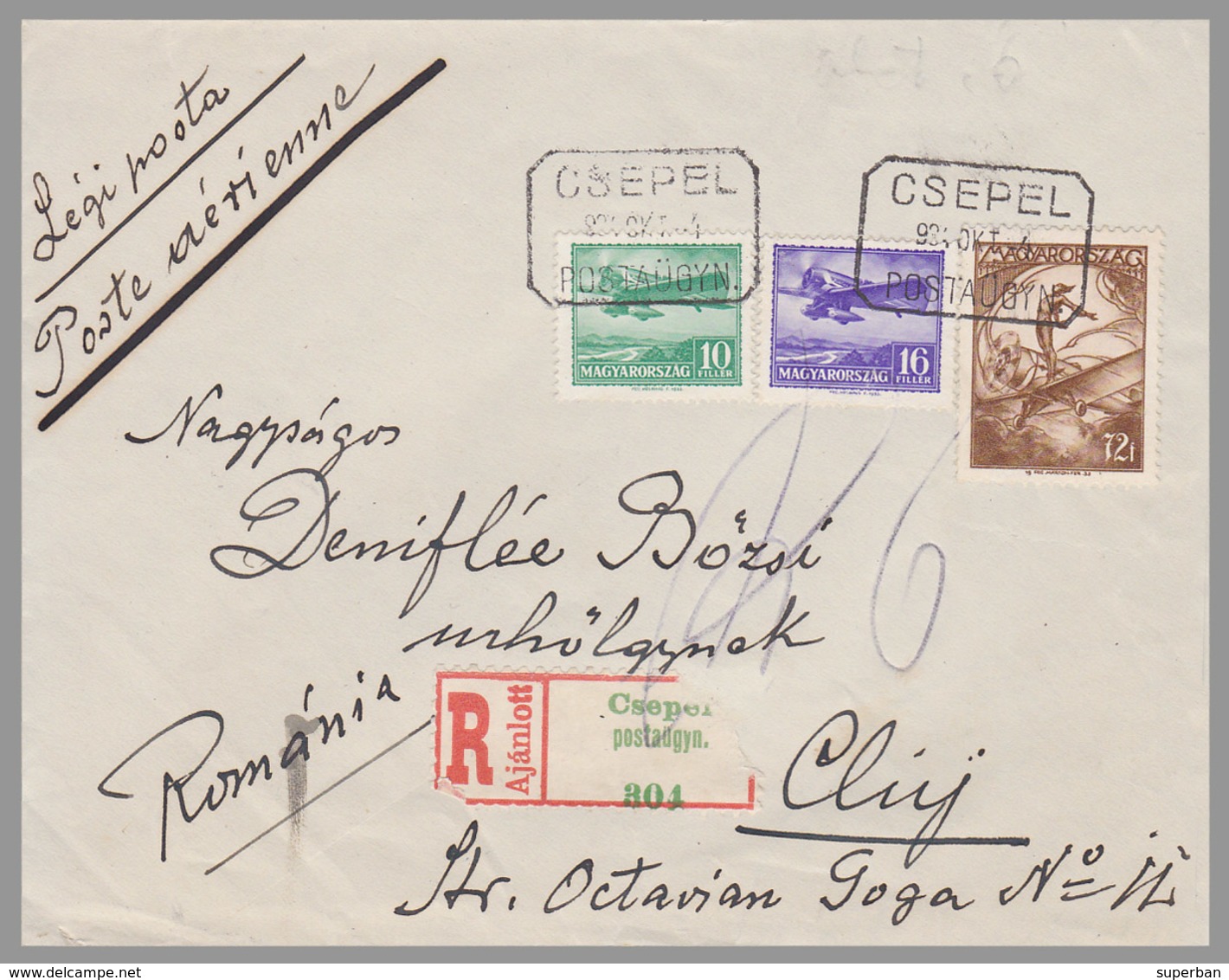 2 ENVELOPPES / 2 LETTERS / COVERS - MAILED In 1934 : CSEPEL / HUNGARY To CLUJ / ROMANIA - LÉGI POSTA / PAR AVION (ac237) - Covers & Documents