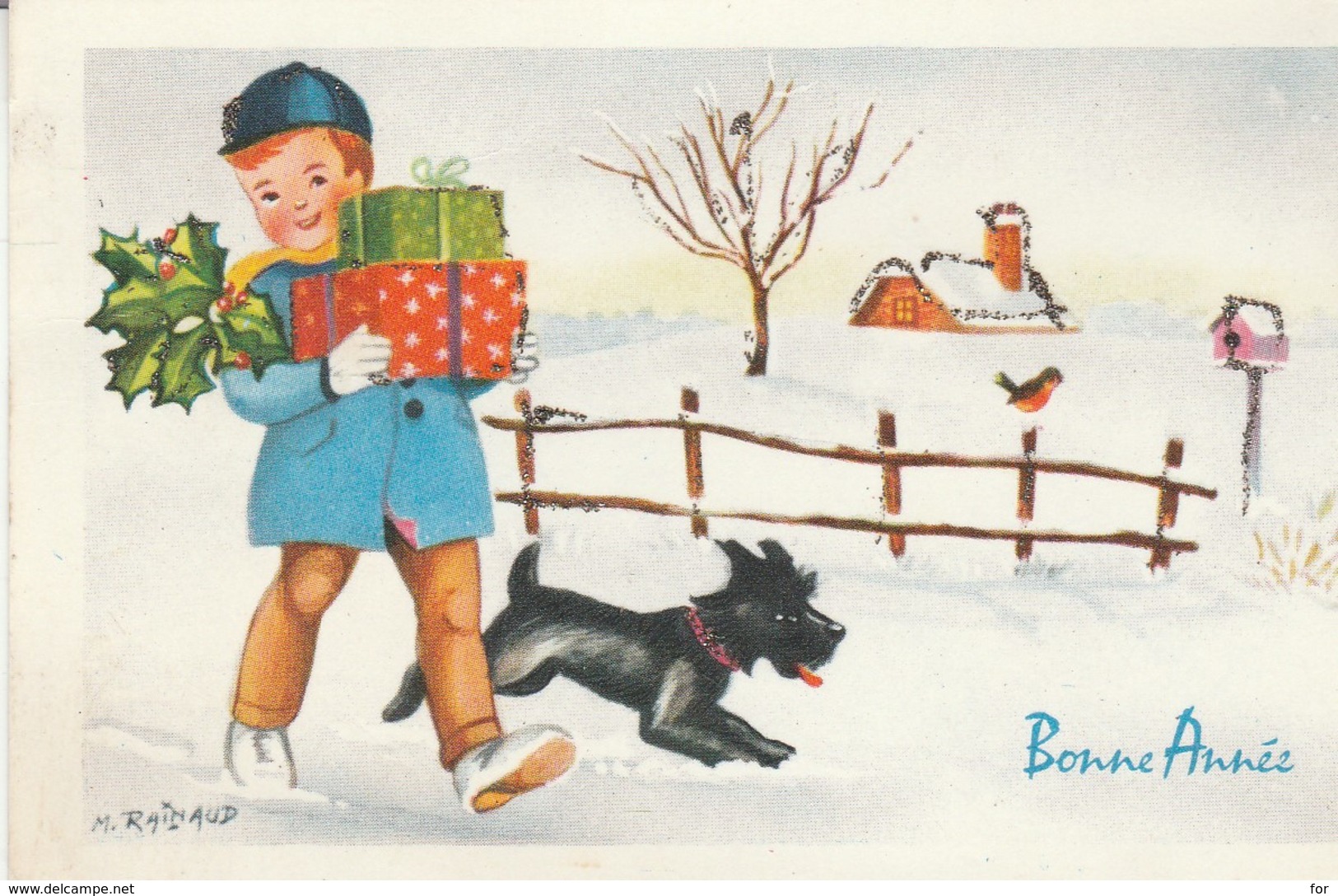 Mignonnette : Bonne Année :  à Paillettes : Enfant Portant Des  Cadeaux Et Son Chien ( Illustrateur - RAINAUD ) - Nouvel An