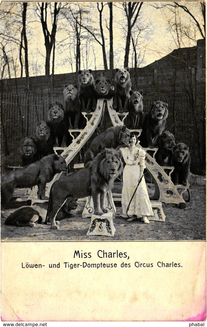 Circus Charles, Miss Charles With Lions, Old Advertising Postcard - Circus