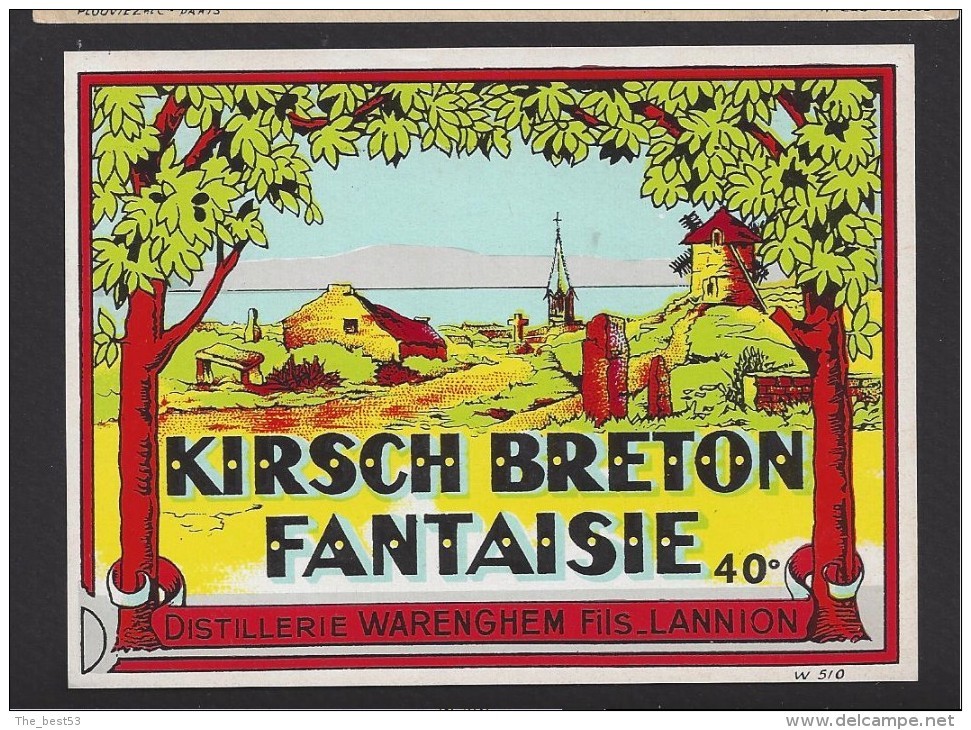 Etiquette  De Kirsch Breton Fantaisie  - Distillerie Warenghen Fils  à Lannion  (22)  9.2 X 12. 2cm (Thème Moulin à Vent - Autres & Non Classés