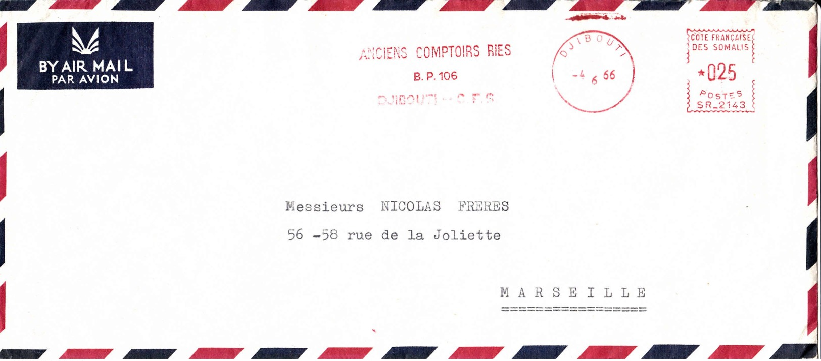 CÔTE FRANCAISE DES SOMALIS - 1966 - Lettre Par Avion Pour Marseille - Lettres & Documents