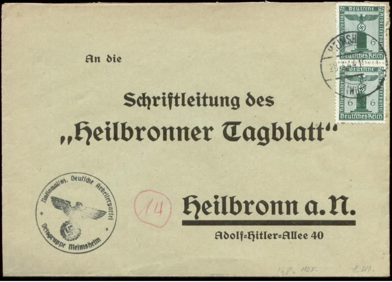 P0948 - DR NSDAP Dienstpost Briefumschlag: Gebraucht Ortsgruppe Meimsheim - Heilbronn 1944, Bedarfserhaltung. - Briefe U. Dokumente
