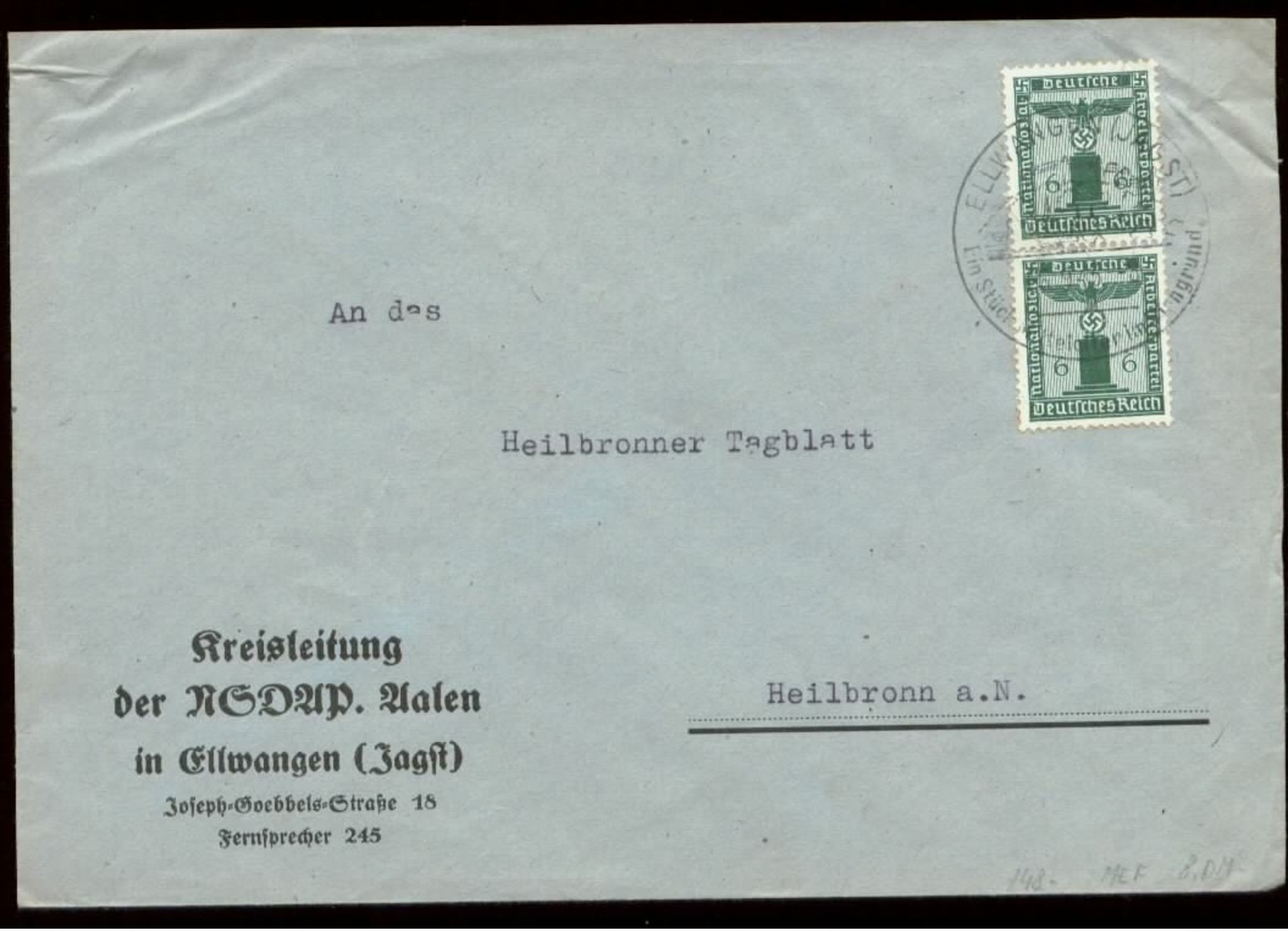 P0946 - DR NSDAP Dienstpost Briefumschlag: Gebraucht Mit Sonderstempel Ellwangen - Heilbronn 1943, Bedarfserhaltung. - Covers & Documents