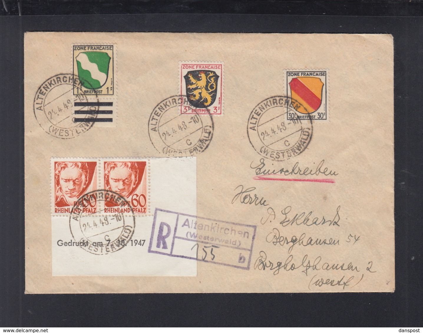 Alliierte Besetzung R-Brief Altenkirchen 1948 Eckrand Mit Druckdatum - Other & Unclassified