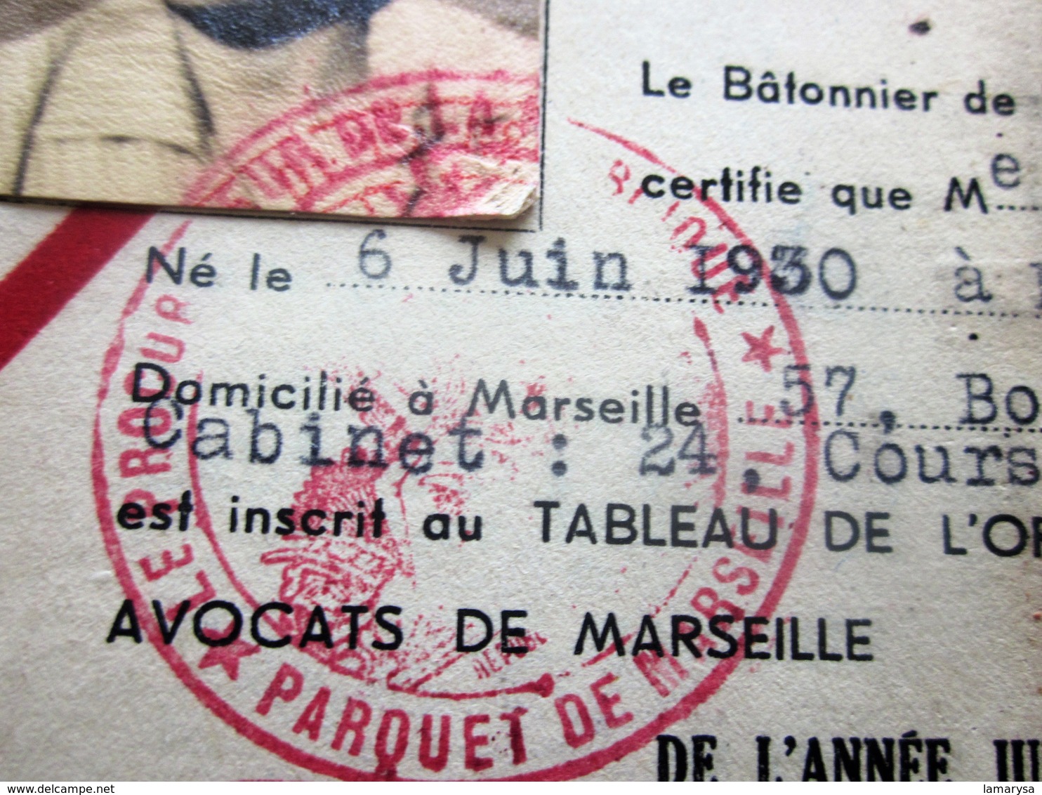 CONSEIL DE L'ORDRE DES AVOCATS BARREAU DE MARSEILLE CARTE IDENTITÉ(Périmé)MINISTÈRE JUSTICE Cachet Parquet Procureur Rep - Documents Historiques
