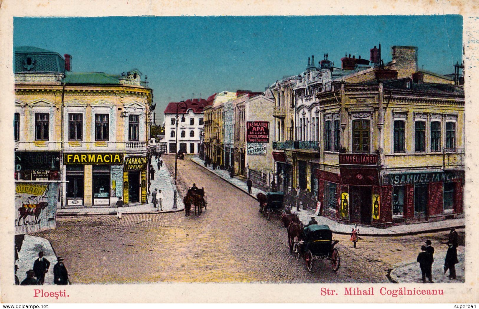 PLOIESTI : STRADA MIHAIL KOGALNICEANU - MAGAZINE : FARMACIA TRAIAN / BIJURERIE & OPTICIAN : SAMUEL IANCU ~ 1920 (ac246) - Roumanie