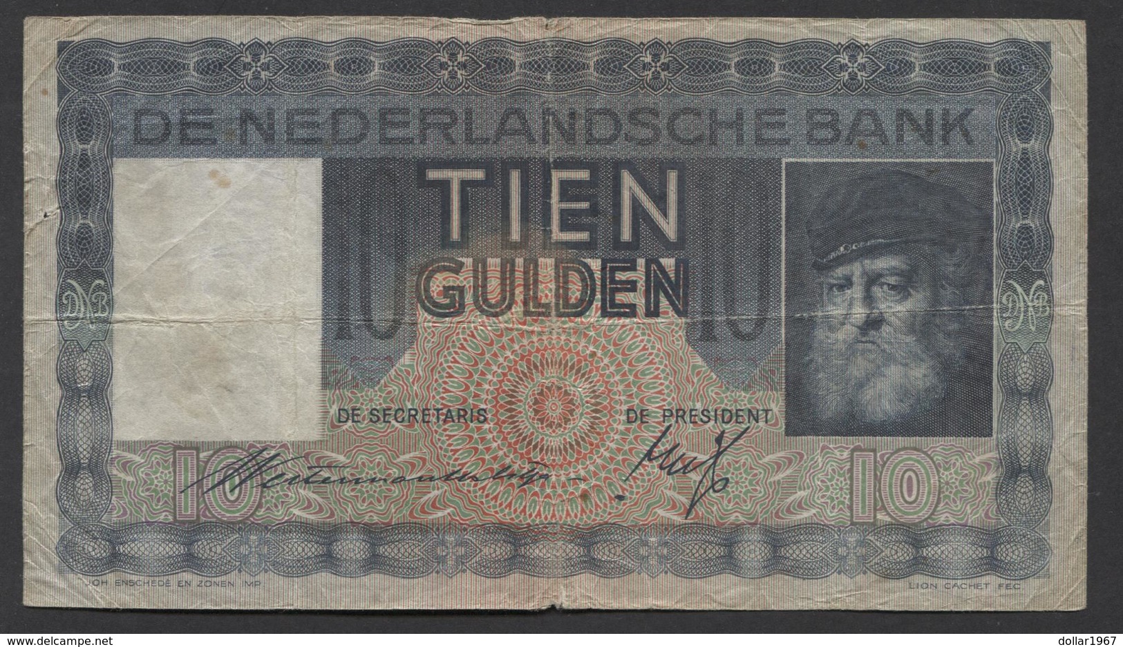 Netherlands  10 Gulden 1-6-1933 - 11-10-1939 , NO: Ao 012072 - See The 2 Scans For Condition.(Originalscan ) - 10 Gulden