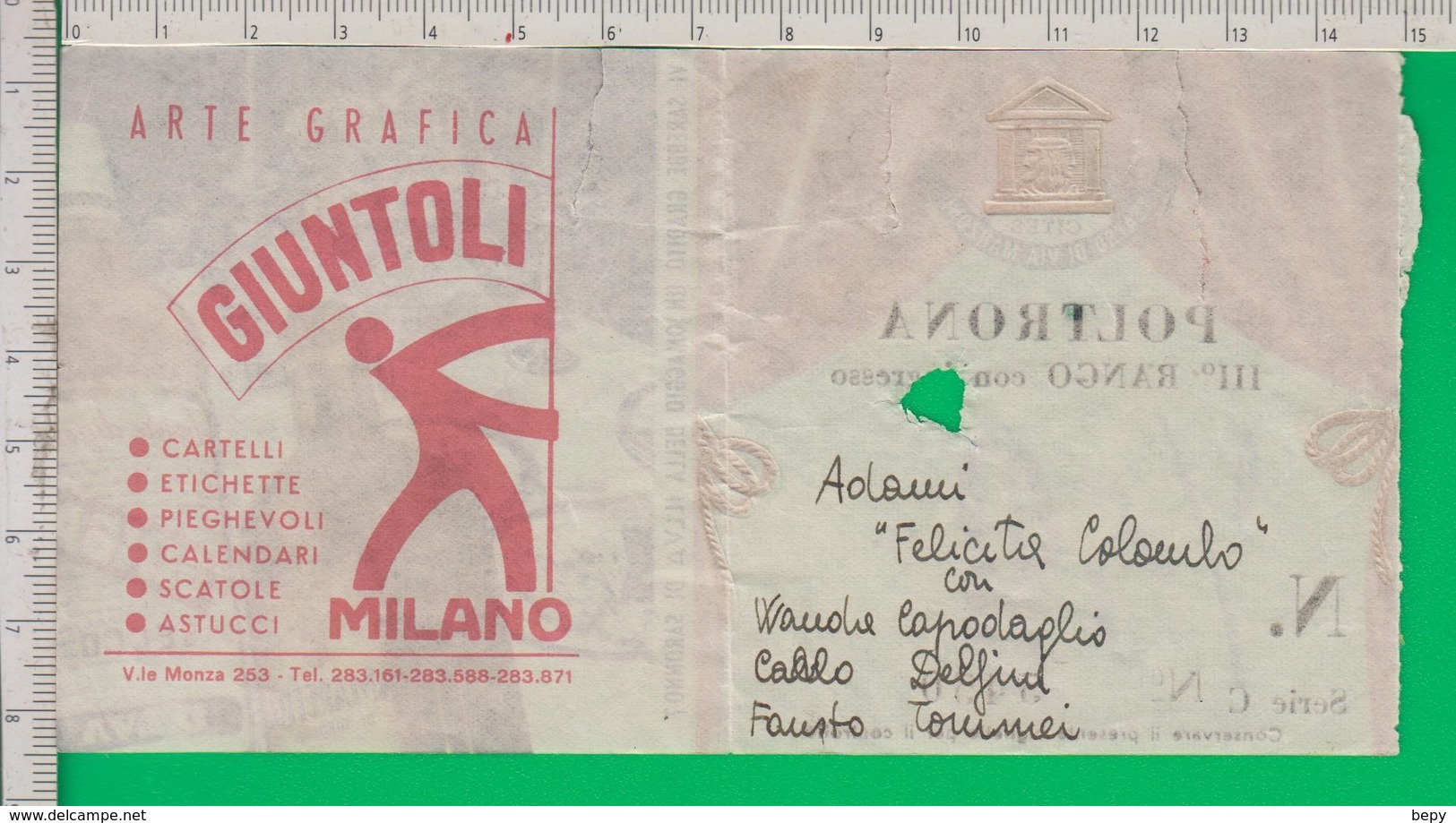 Biglietto TEATRO. Teatro Manzoni. Milano. Illva. Saronno. Amaretto Di Saronno. 1954. - Biglietti D'ingresso