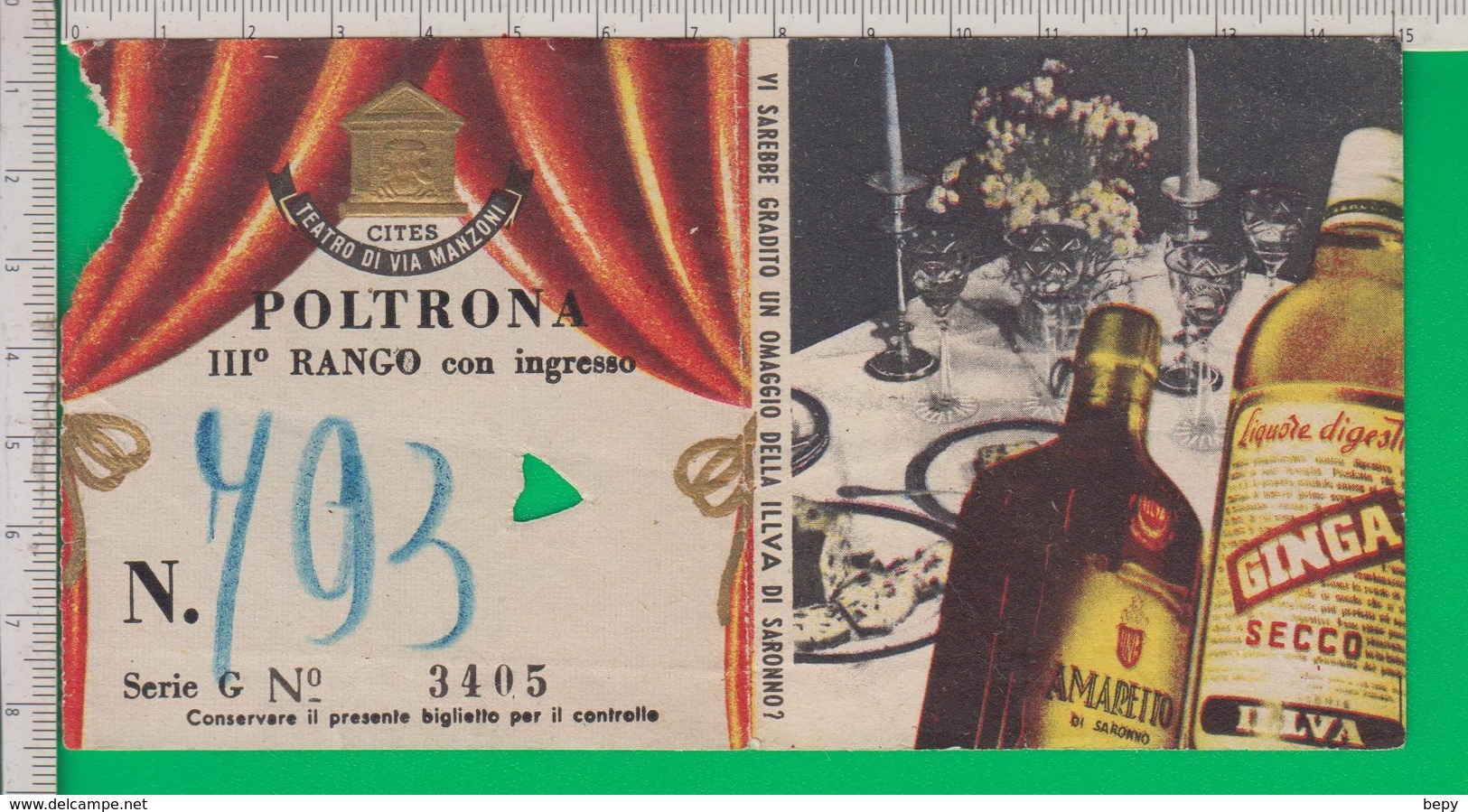 Biglietto TEATRO. Teatro Manzoni. Milano. Illva. Saronno. Amaretto Di Saronno. 1954. - Biglietti D'ingresso