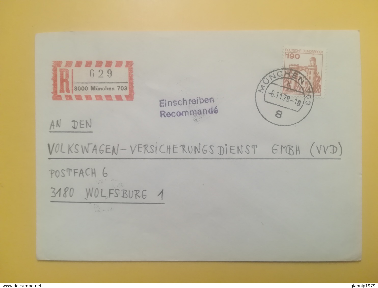 1978 BUSTA RACCOMANDATA EINGETRAGEN GERMANIA GERMANY BOLLO CASTELLI 190 ANNULLO MUNCHEN DEUTSCHE - Briefe U. Dokumente