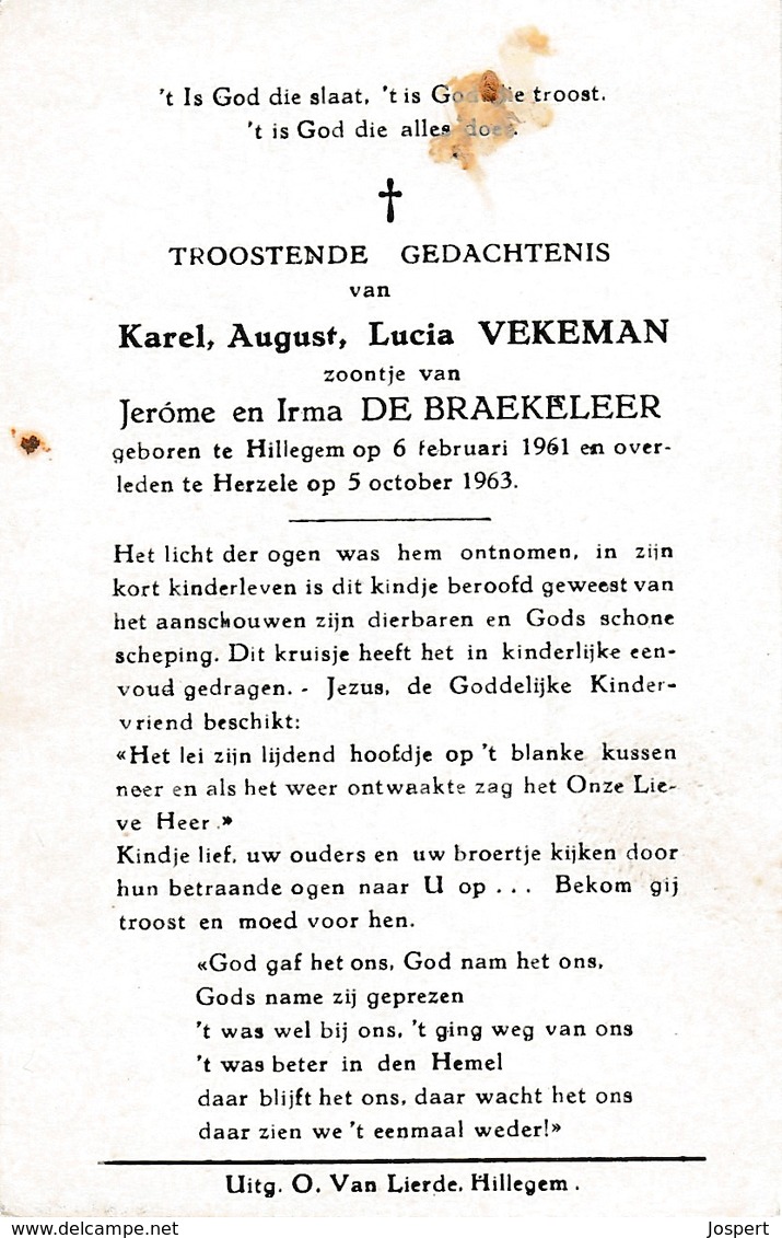 Hillegem, Herzele, 18963, Karel Vekeman, De Braekeleer - Devotieprenten