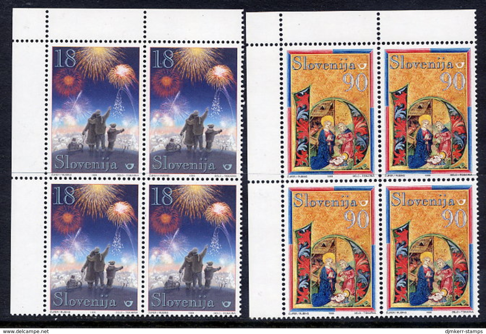 SLOVENIA 1999 Christmas 18 T. And 90 T. From Sheets Blocks Of 4 MNH / **.  Michel 277, 279 - Eslovenia