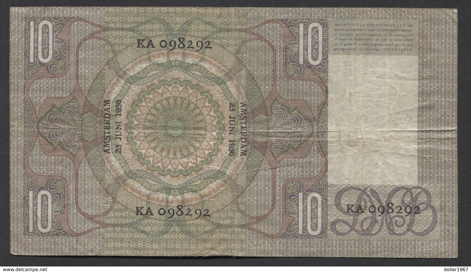 Netherlands  10 Gulden 1-6-1933 - 11-10-1939 , NO: KA 098292 - See The 2 Scans For Condition.(Originalscan ) - 10 Gulden