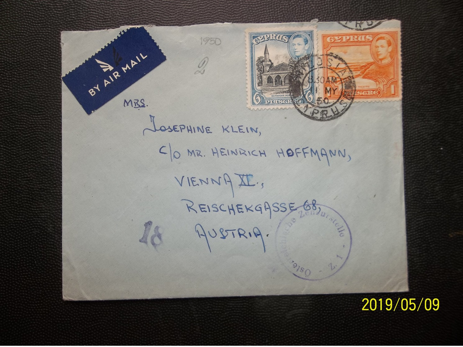 Cyprus: 1950 Censored Air Cover To Austria (#VQ2) - Zypern (...-1960)