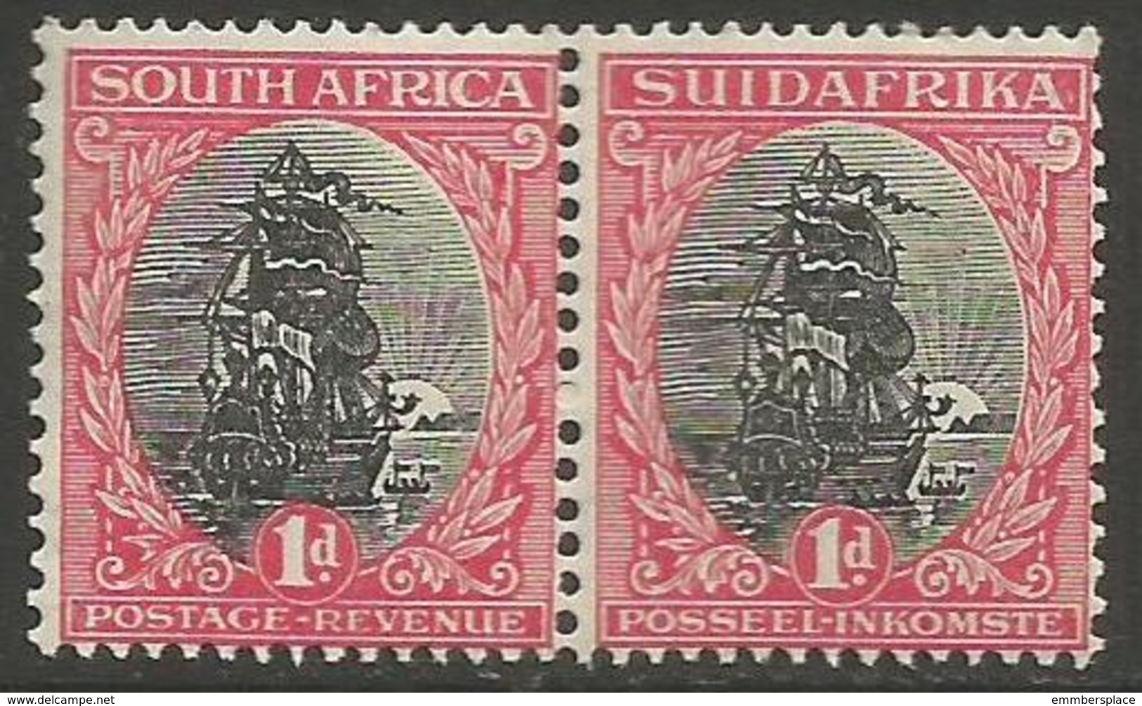 South Africa - 1926 Von Riebeeck's Ship 1d Bilingual Pair MNH **    SG 31   Sc 24 - Unused Stamps