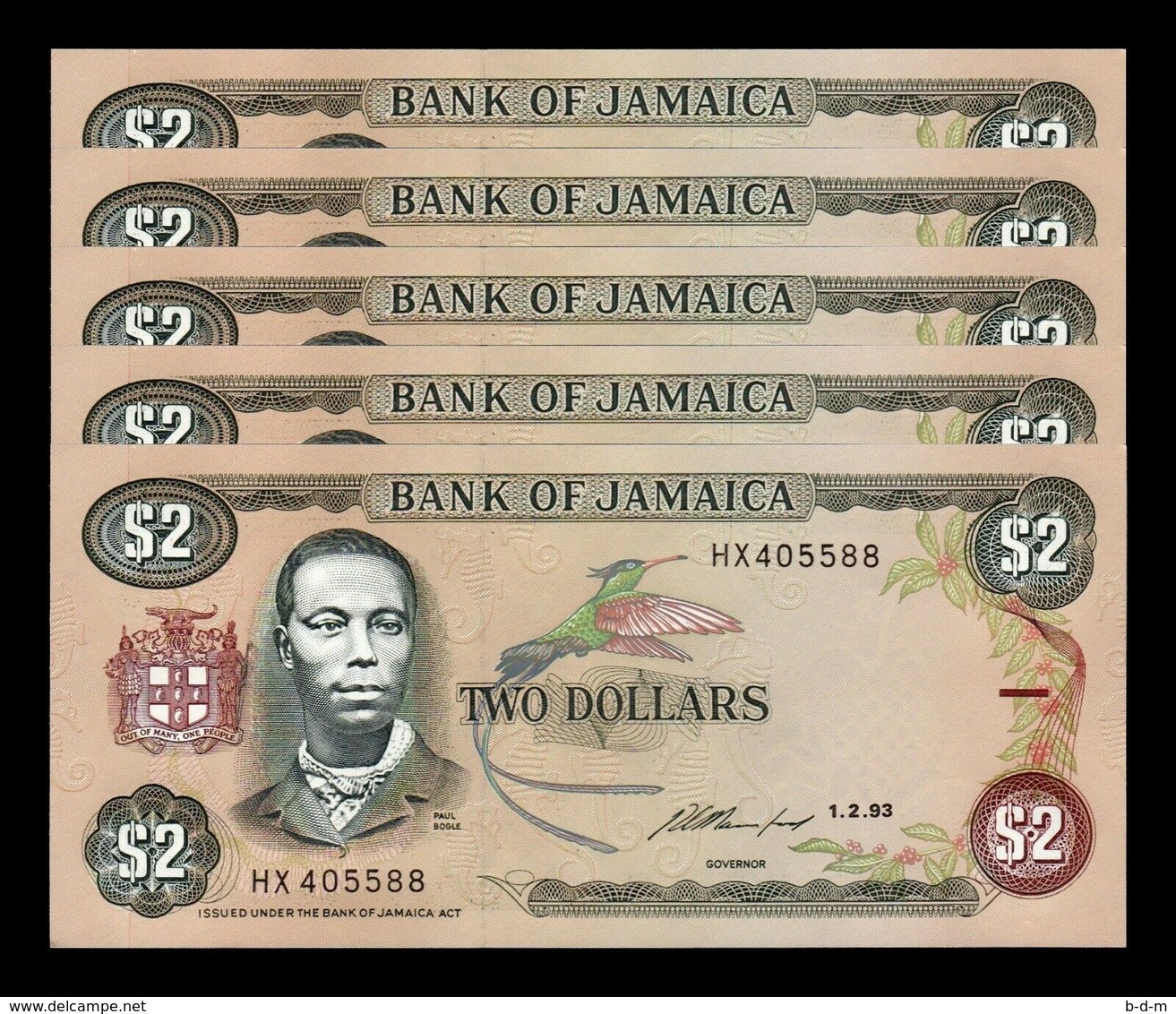 Jamaica Lot Bundle 5 Banknotes 2 Dollars 1993 Pick 69e SC UNC - Jamaica