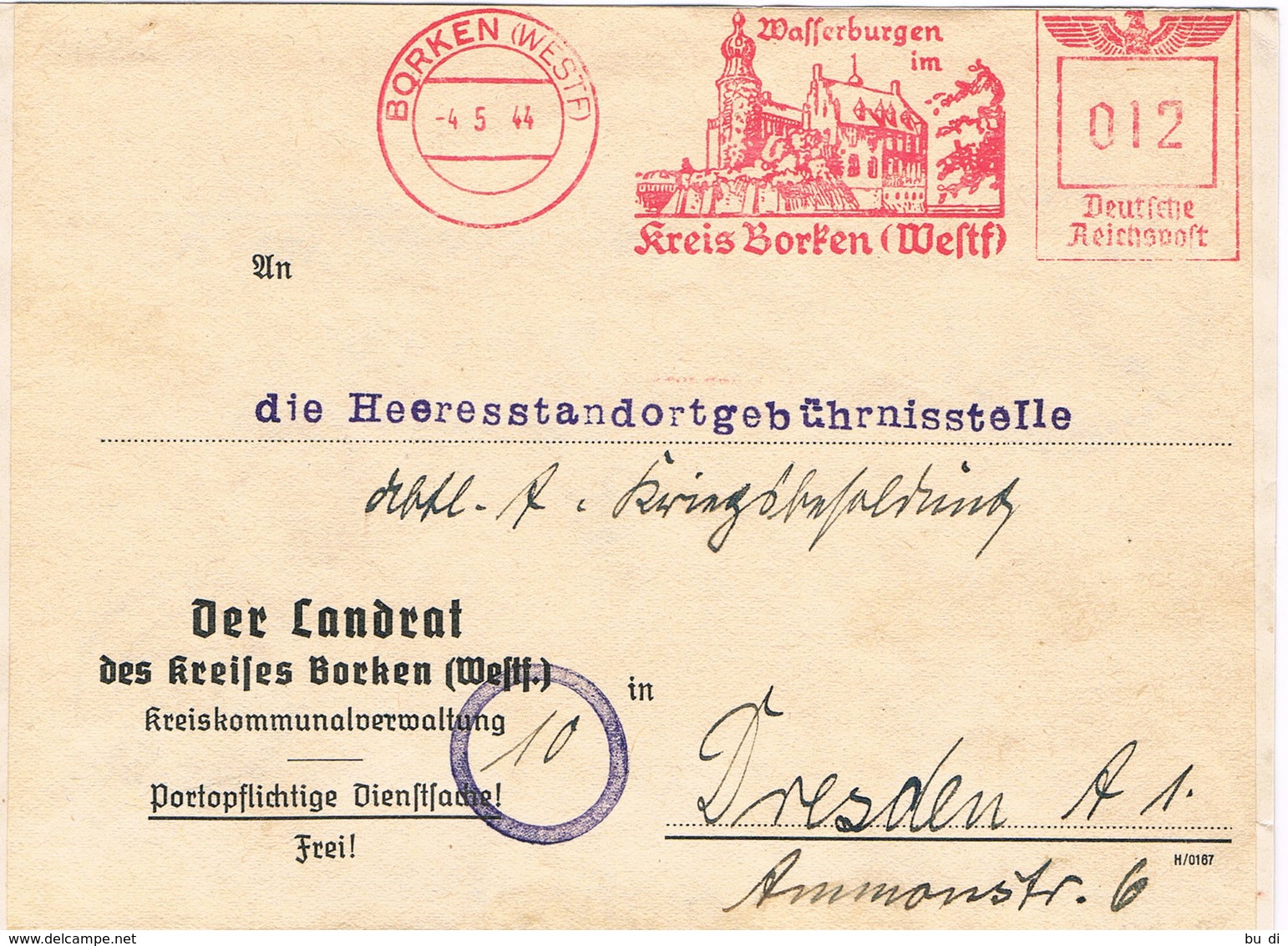 Deutschland Freistempel Aus Borken - Burg Gemen - Wasserburgen Von 1944 Nach Dresden - Meterstamp, EMA - Maschinenstempel (EMA)