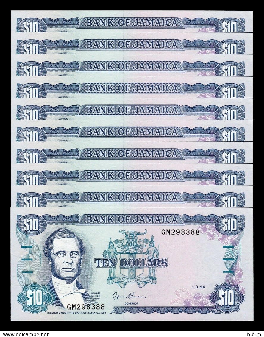 Jamaica Lot Bundle 10 Banknotes 10 Dollars 1994 Pick 71e SC UNC - Jamaica