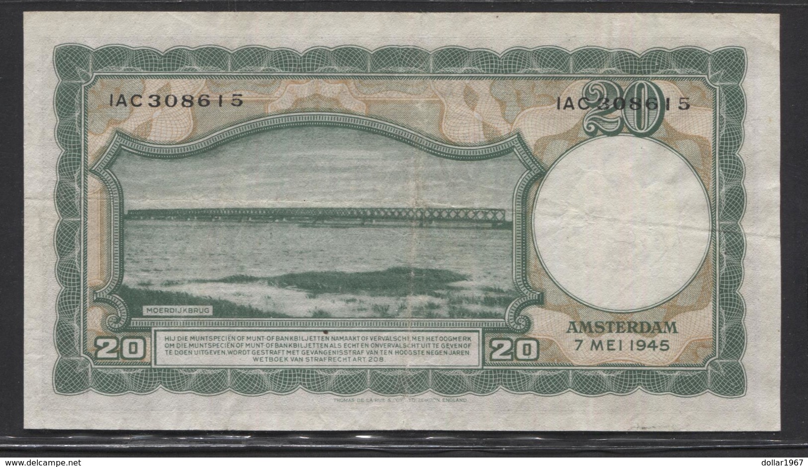 Netherlands  20 Gulden 7-5-1945 - 4-3-1946 , NO: 1 AC 308615  - See The 2 Scans For Condition.(Originalscan ) - 20 Gulden