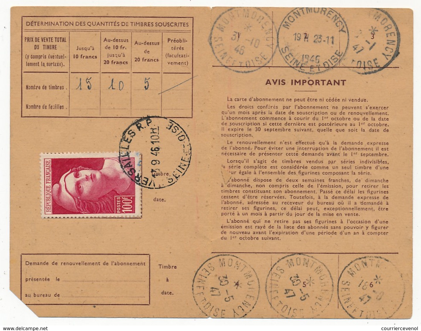 Carte D'abonnement Aux Timbres-poste Spéciaux Français, Affr 20F Gandon Obl. Versailles RP Seine Et Oise1946 - 1945-54 Marianne Of Gandon