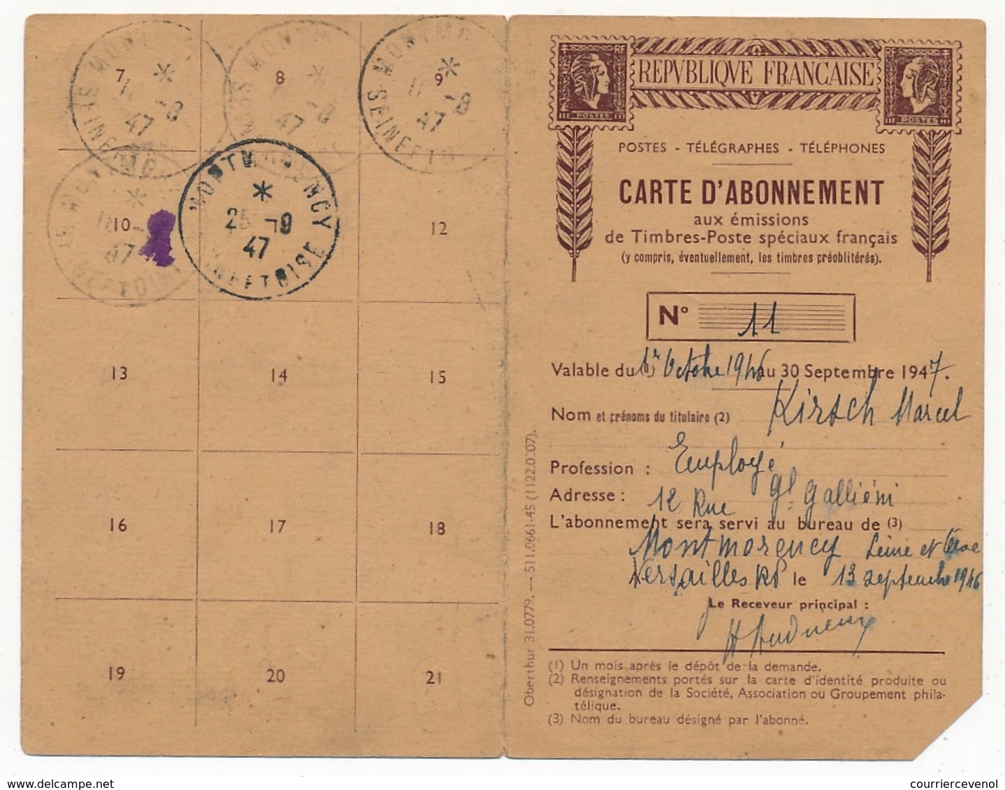 Carte D'abonnement Aux Timbres-poste Spéciaux Français, Affr 20F Gandon Obl. Versailles RP Seine Et Oise1946 - 1945-54 Marianne Of Gandon