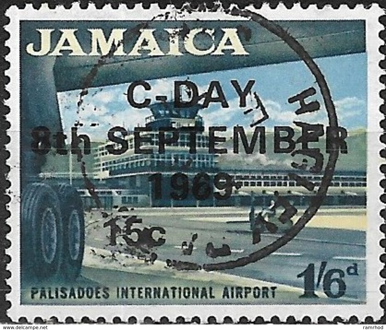 JAMAICA 1969 Decimal Currency Surcharged C-Day - 15c. On 1s.6d. - Palisades International Airport FU - Jamaica (1962-...)