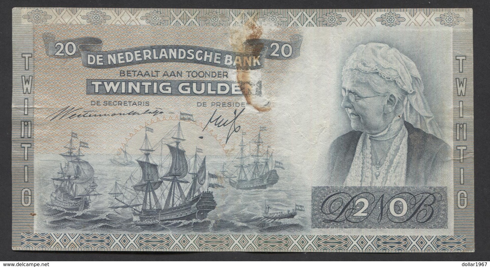 Netherlands  20 Gulden 9-7-1939 - 26-9-1945  NO: FY 088860  - See The 2 Scans For Condition.(Originalscan ) - 20 Gulden