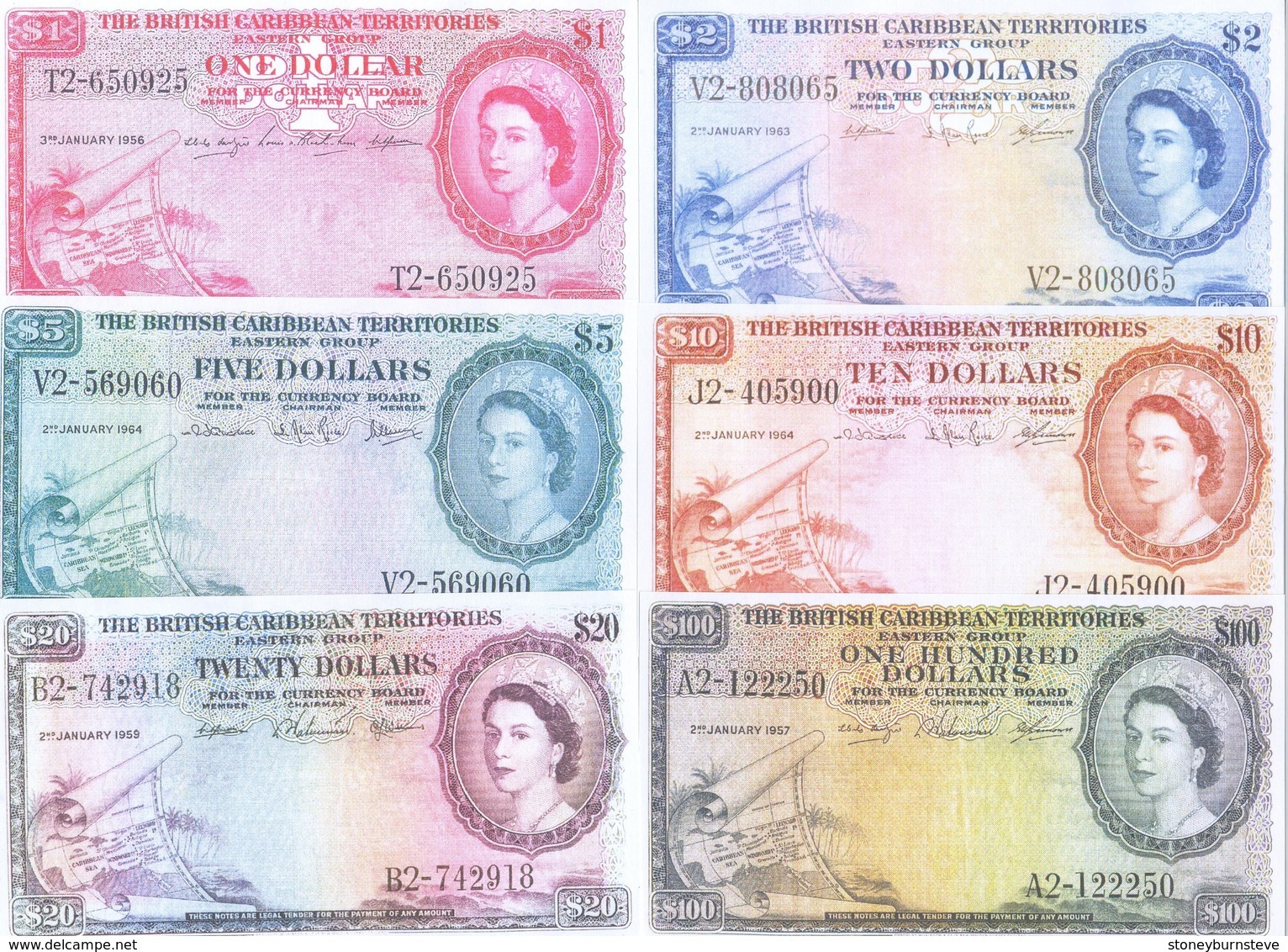 British Caribbean Territories 6 Note Set 1953-64 COPY - Oostelijke Caraïben