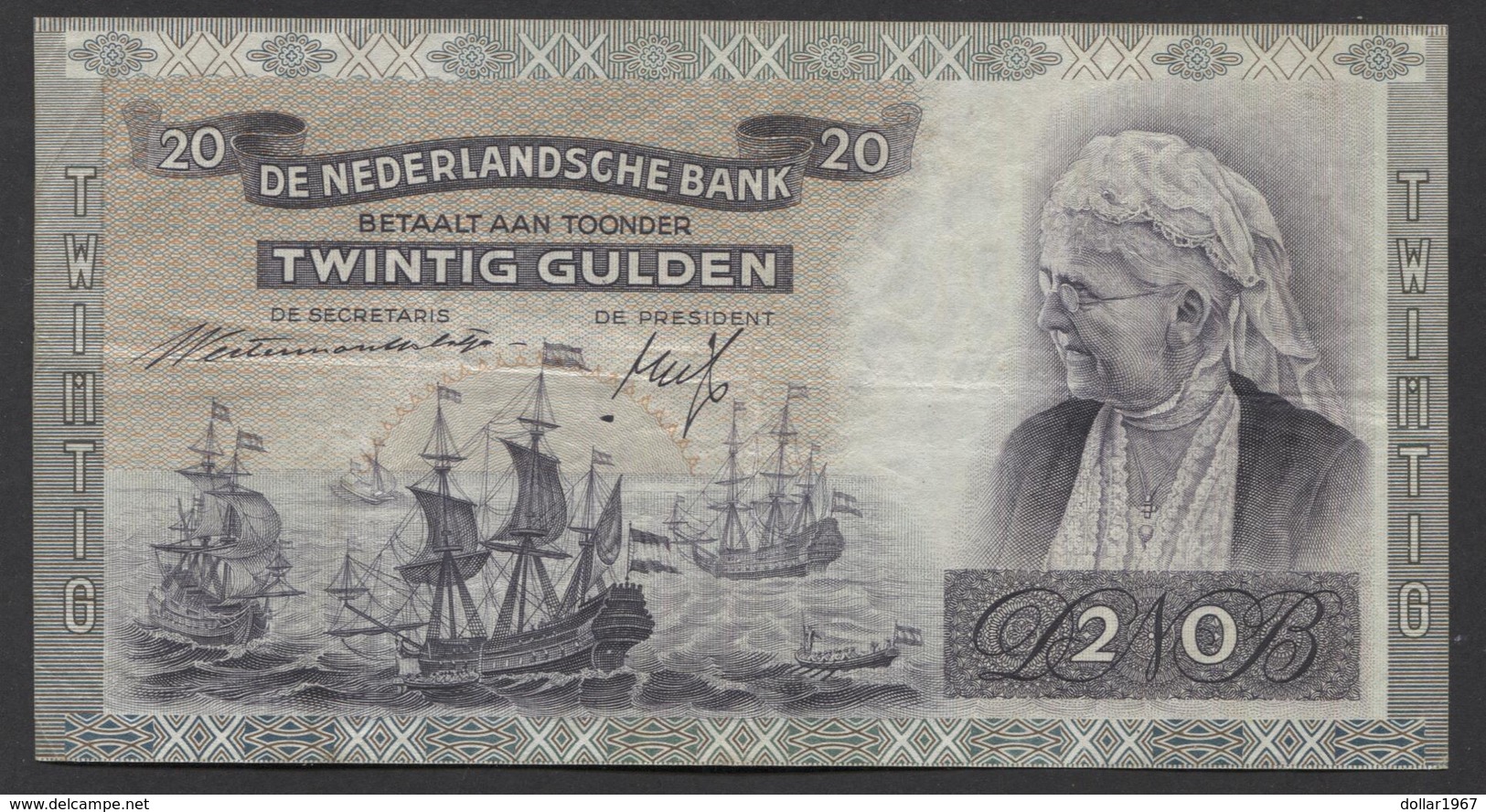 Netherlands  20 Gulden 9-7-1939 - 26-9-1945  NO: FV 020483  - See The 2 Scans For Condition.(Originalscan ) - 20 Florín Holandés (gulden)